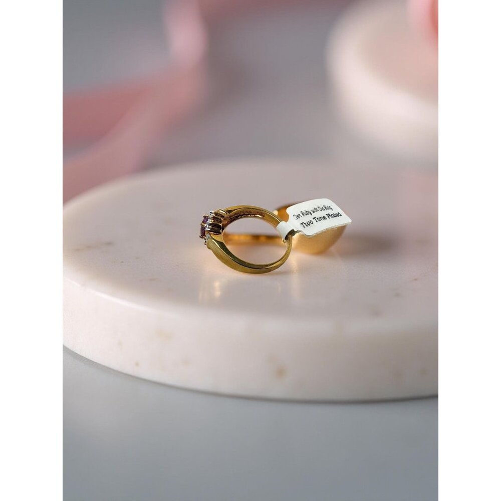 vintage two tone yellow and white gold plated genuine ruby with diamond chips ri - Picture 14 of 15
